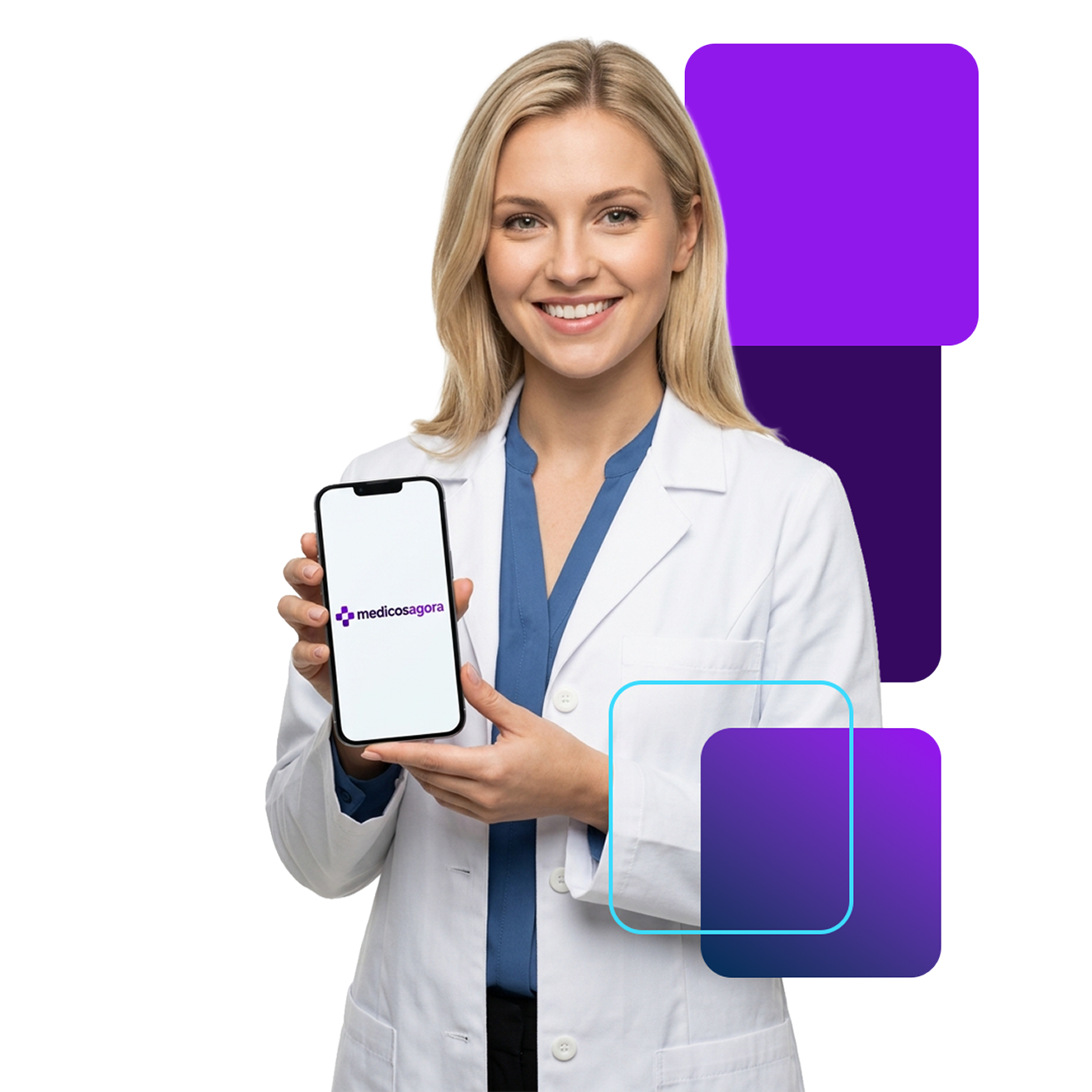 Médica apresentando o atendimento Médicos Agora pelo celular